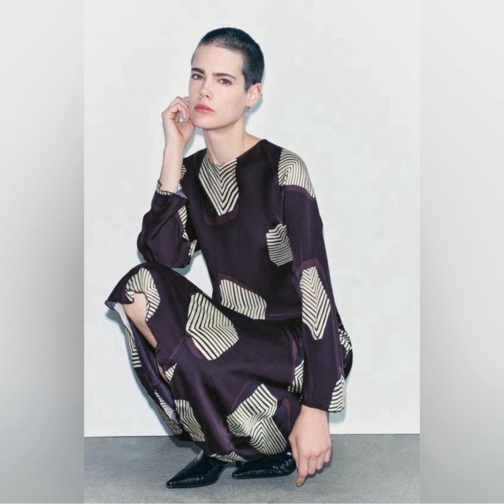 Zara Purple Midi Dress with Cream Geometric Print